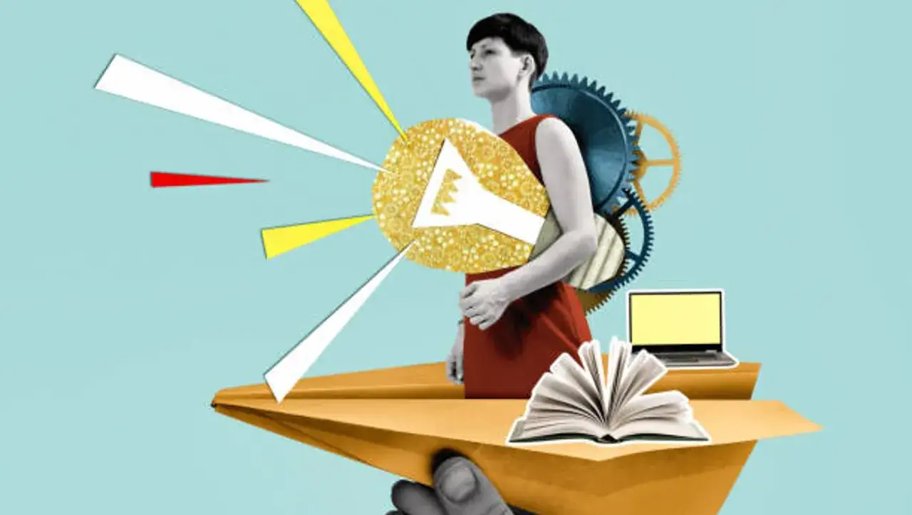 Estudiante en un avi&oacute;n de papel, rodeado de engranajes, un libro abierto y un port&aacute;til. Ideas que impulsan las t&eacute;cnicas de estudio universidad.