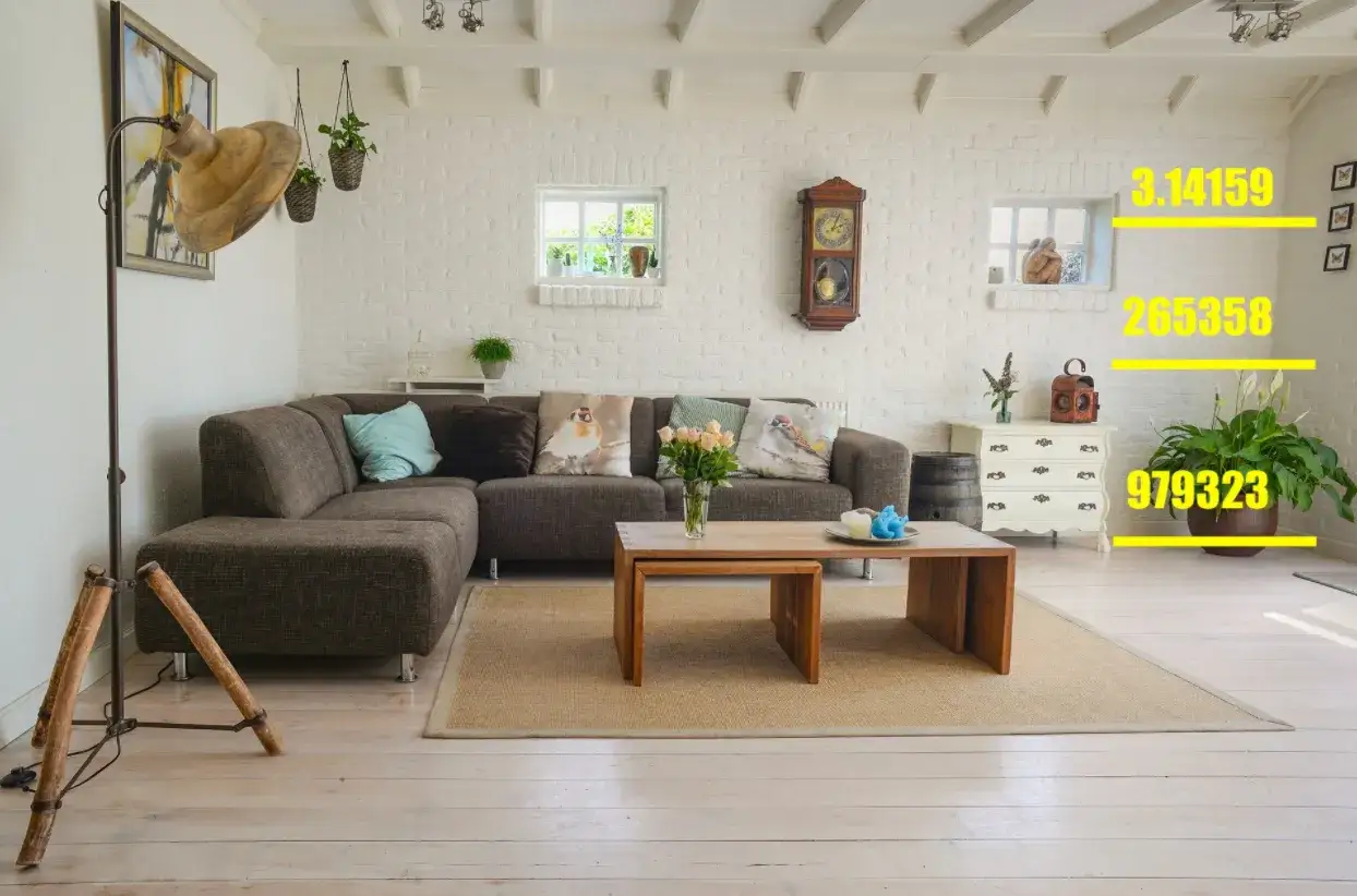 Sala de estar con sofá marrón, mesa de centro de madera y números amarillos que forman el record numero pi.