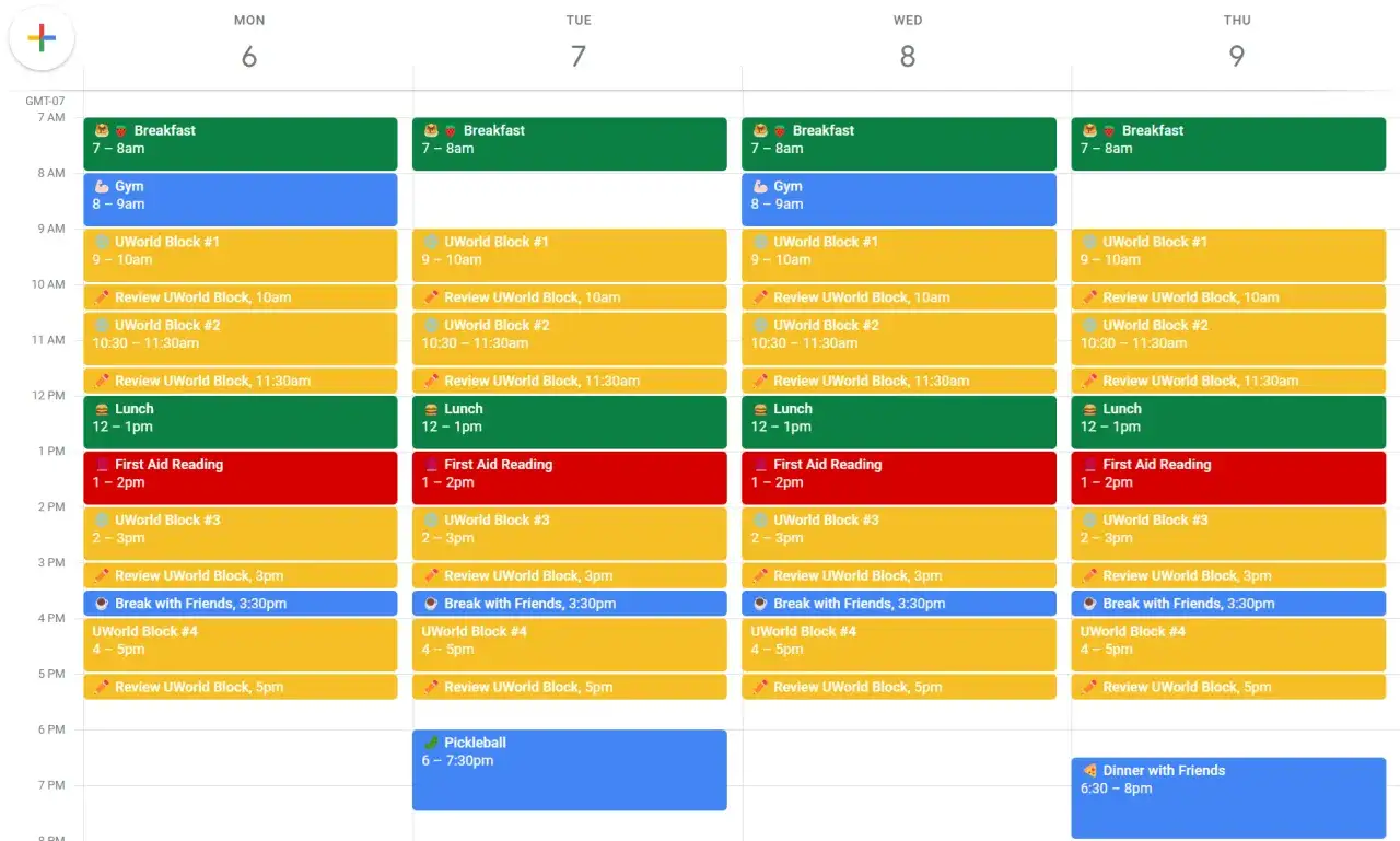 Calendario de estudio: ¿cuántas horas hay que estudiar para un examen? Muestra bloques de estudio, gimnasio, lecturas y descansos.