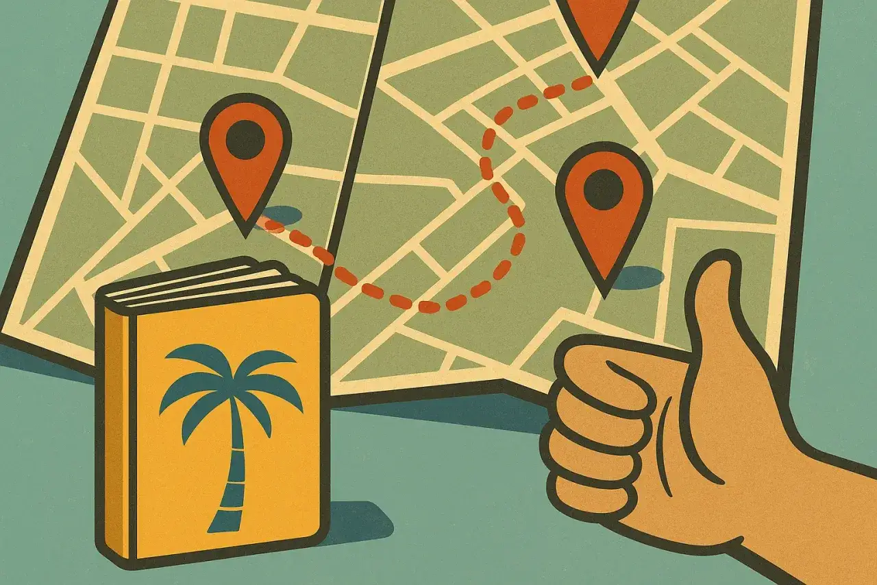 Un libro con una palmera, un mapa con chinchetas y una ruta punteada, y un pulgar hacia arriba. &iexcl;Perfecto para saber como estudiar un callejero!