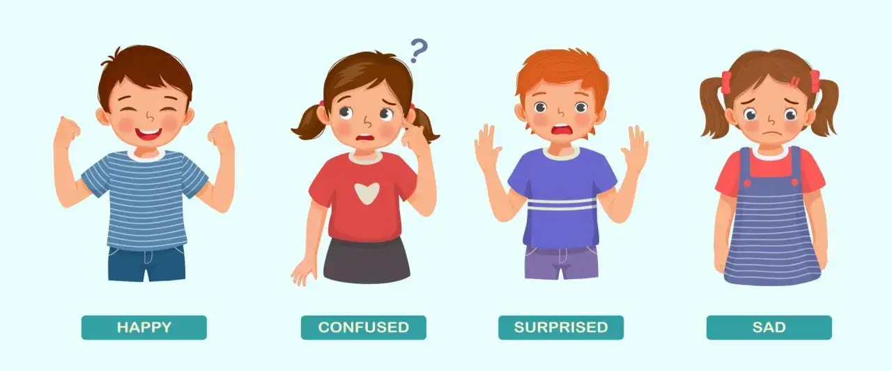 Cuatro niños muestran diferentes emociones: feliz, confundido, sorprendido y triste. Cada uno expresa sus palabras con sentimiento.