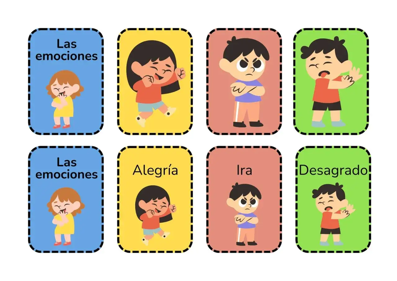 Tarjetas ilustradas para educando emociones: ni&ntilde;os expresando alegr&iacute;a, ira y desagrado.