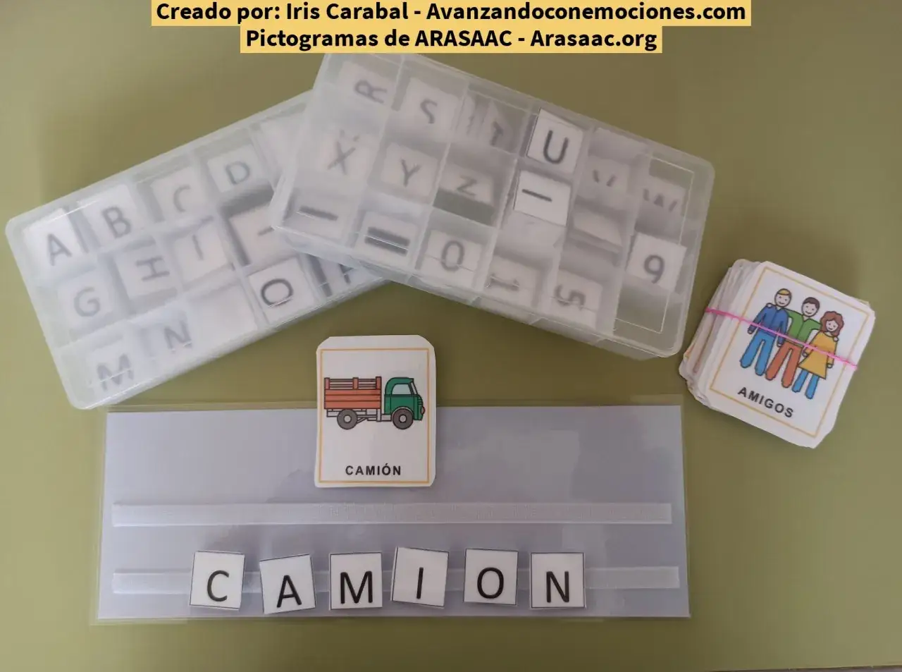 Caja de letras y pictogramas de ARASAAC para aprender palabras como
