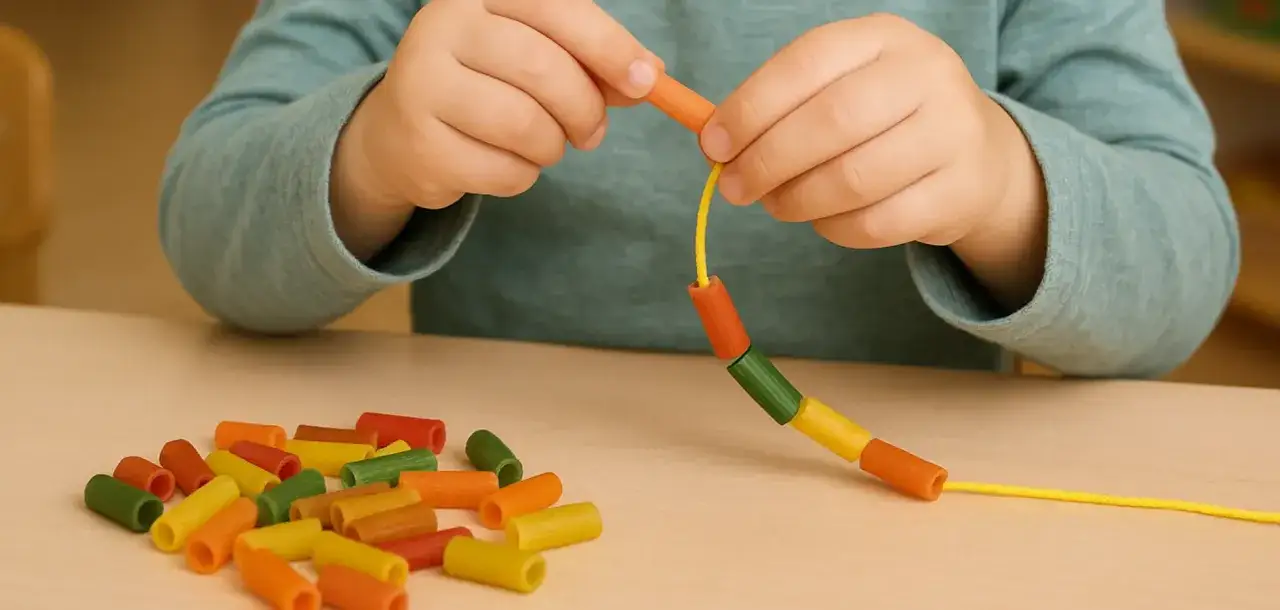 Manitas peque&ntilde;as ensartando cuentas de colores, una actividad divertida para la escritura para ni&ntilde;os.
