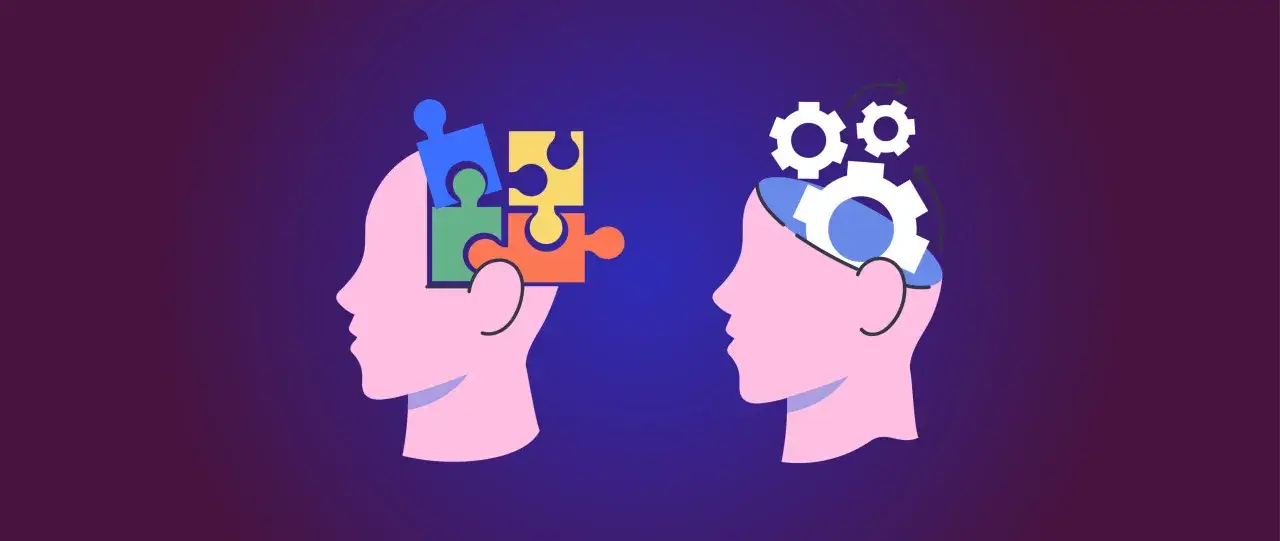 Dos perfiles humanos. Uno con piezas de rompecabezas en la cabeza, el otro con engranajes. Ilustra t&eacute;cnicas para eliminar pensamientos catastr&oacute;ficos.