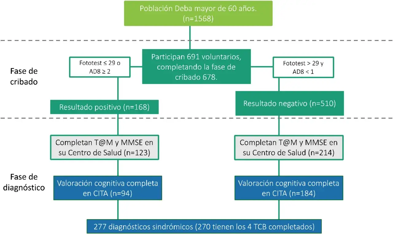 Diagrama de flujo de pruebas cognitivas para mayores de 60 a&ntilde;os. Muestra la selecci&oacute;n de participantes y las fases de cribado y diagn&oacute;stico.