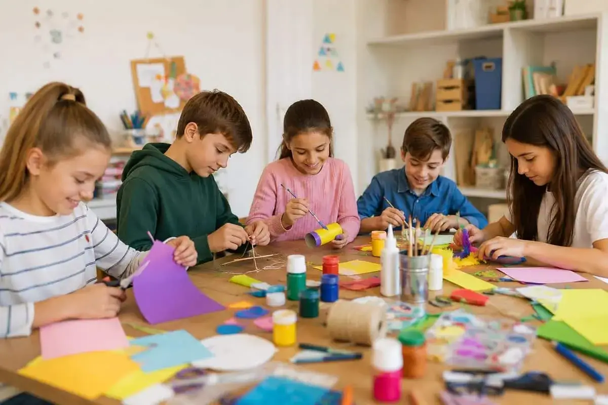 Ni&ntilde;os colaborando en un proyecto art&iacute;stico. El aprendizaje cooperativo fomenta la creatividad y el trabajo en equipo mientras crean manualidades.