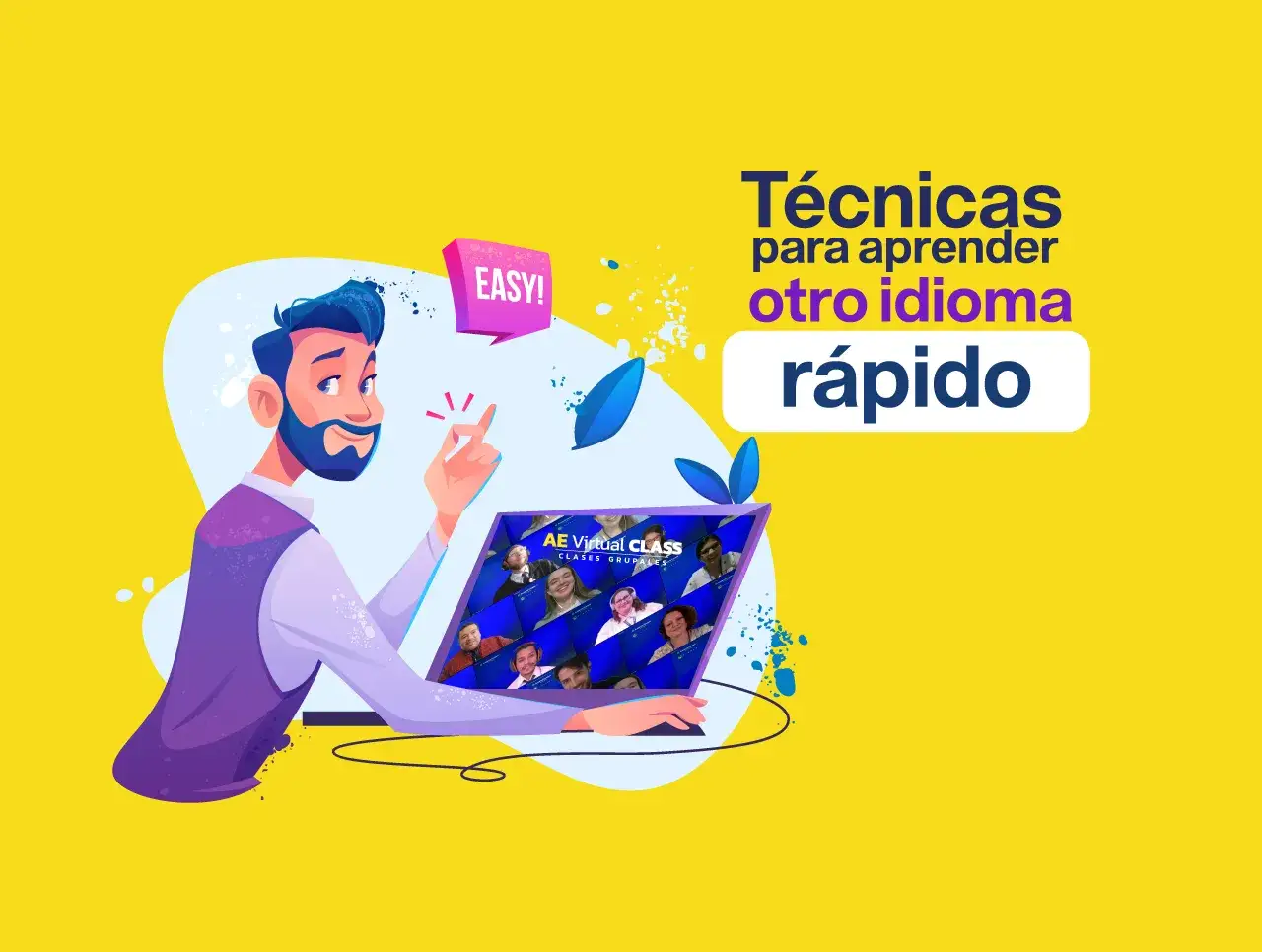 Hombre sonriente señala una pantalla de ordenador con caras de personas, indicando cómo aprender idiomas rápido.