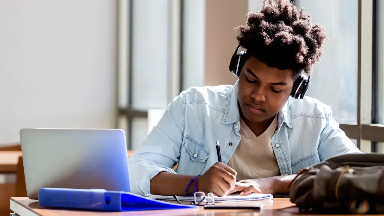 Joven concentrado con auriculares, escribiendo en un cuaderno. Laptop y mochila a su lado, listos para seguir los pasos para estudiar.