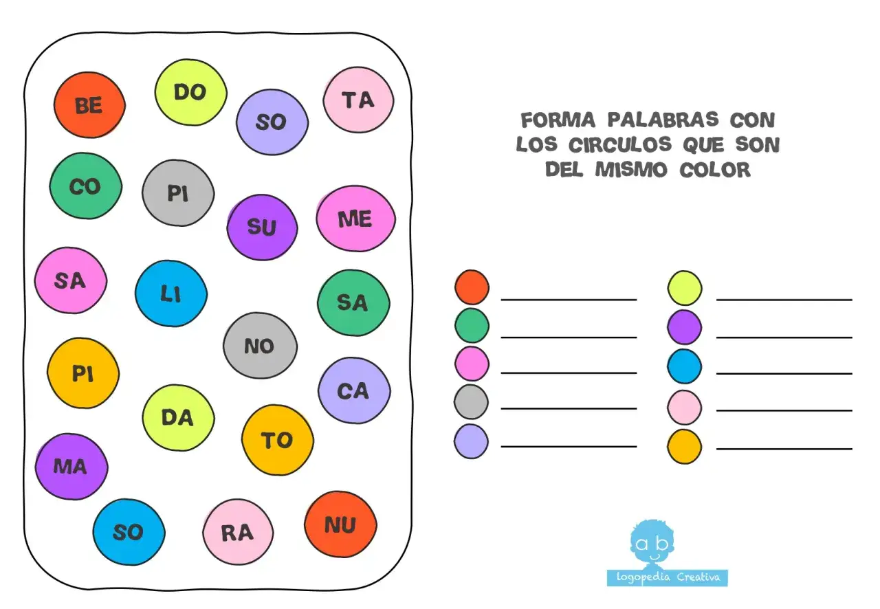 Actividad de lectoescritura primaria: forma palabras uniendo sílabas del mismo color. ¡Aprender jugando!