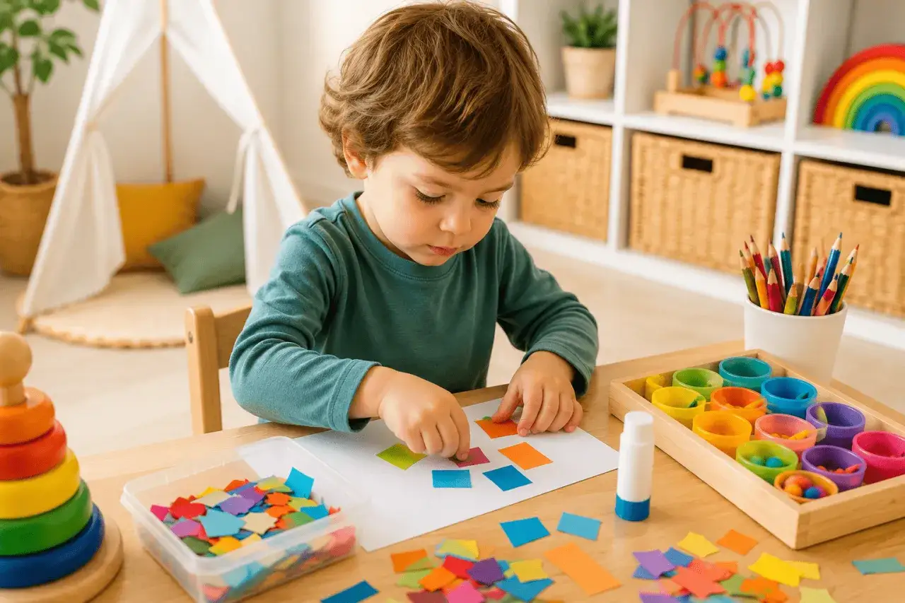 Ni&ntilde;o concentrado creando un collage con trozos de papel de colores. Un ejemplo de divertidas t&eacute;cnicas de estudio para ni&ntilde;os que fomentan la creatividad.