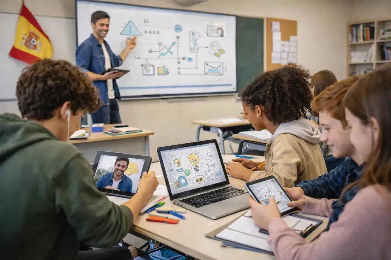 Estudiantes en clase híbrida, con profesor en pantalla y pizarra interactiva. El efecto Hawthorne se observa en su concentración, motivados por la tecnología.