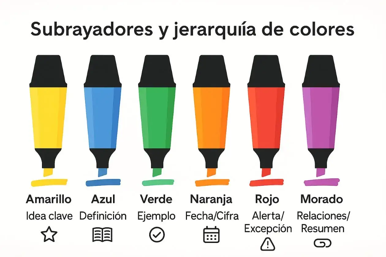 Guía visual para saber como subrayar apuntes con diferentes colores: amarillo para ideas clave, azul para definiciones, verde para ejemplos, naranja para fechas, rojo para alertas y morado para resúmenes.