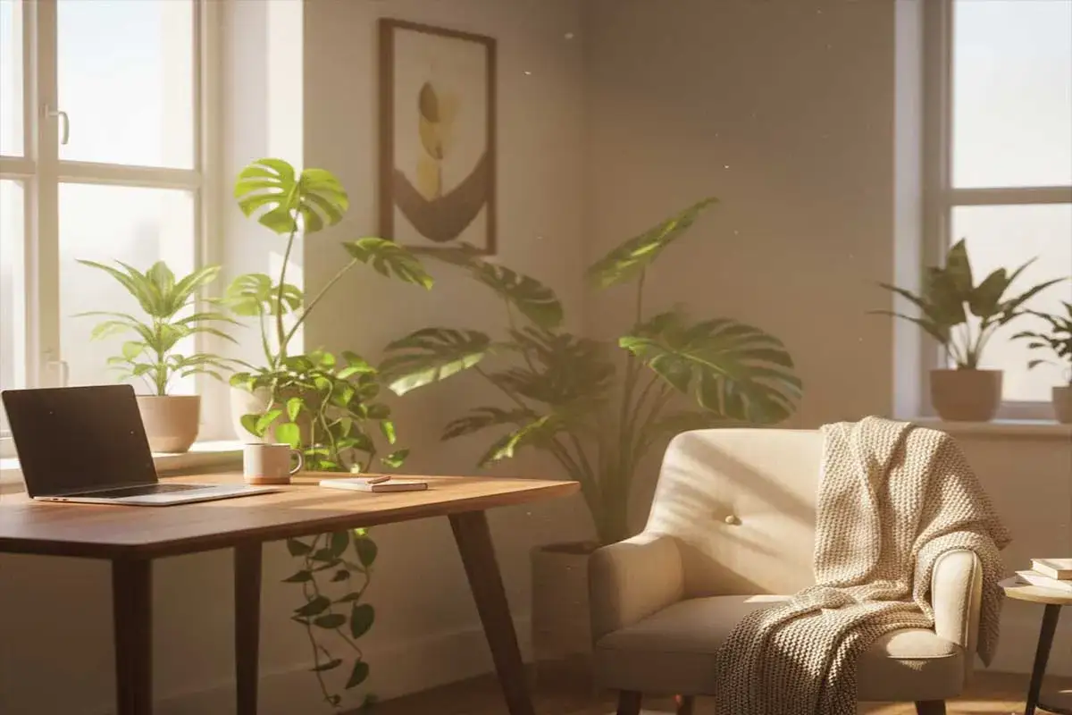 Un escritorio con port&aacute;til y plantas, ideal para concentrarse. Una silla c&oacute;moda invita al descanso.