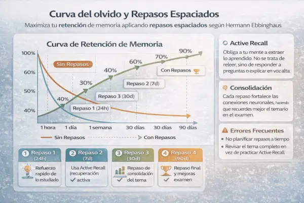 Gráfico de la curva del olvido y repasos espaciados, clave para oposiciones. Muestra cómo la retención de memoria mejora con repasos.